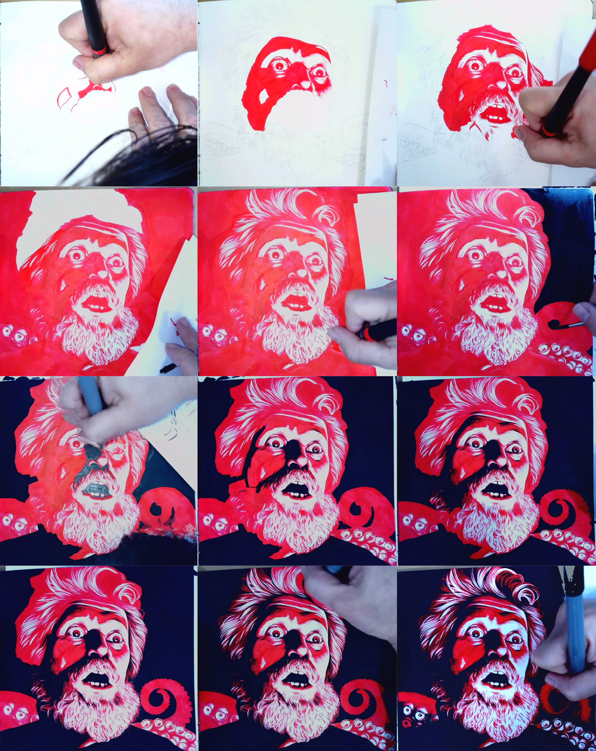 Collage of a person drawing a face with red and black colors, showing the process from initial sketch to final artwork.