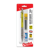 Yellow mechanical pencil with 0.9 mm lead, packaged with a small lead refill tube and block eraser, designed for precision writing and drawing.