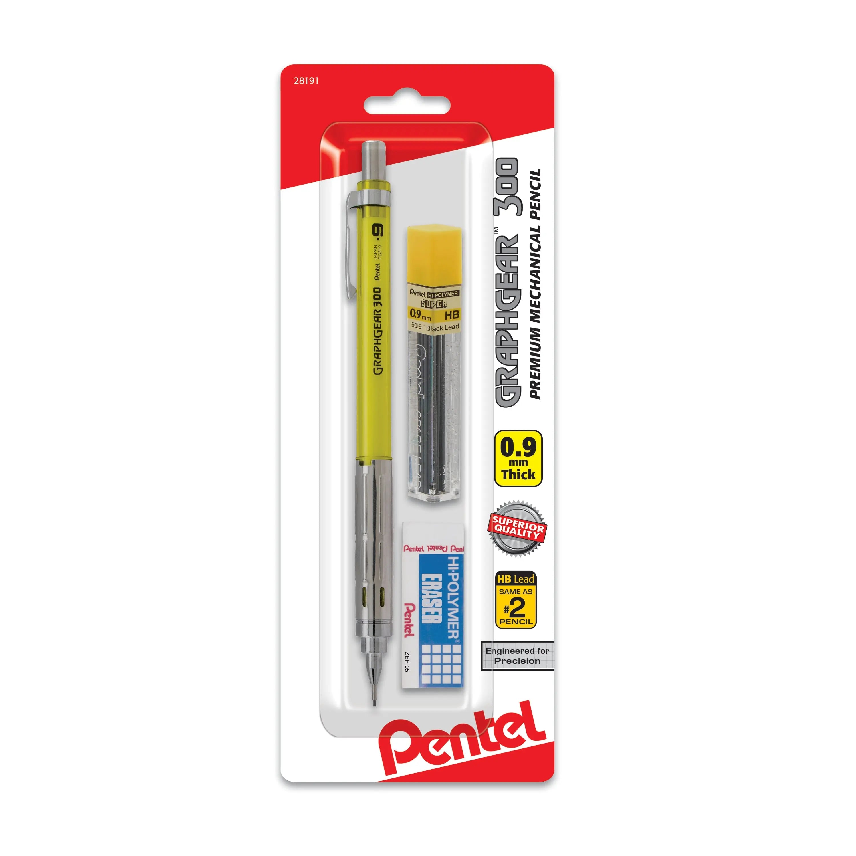 Yellow mechanical pencil with 0.9 mm lead, packaged with a small lead refill tube and block eraser, designed for precision writing and drawing.