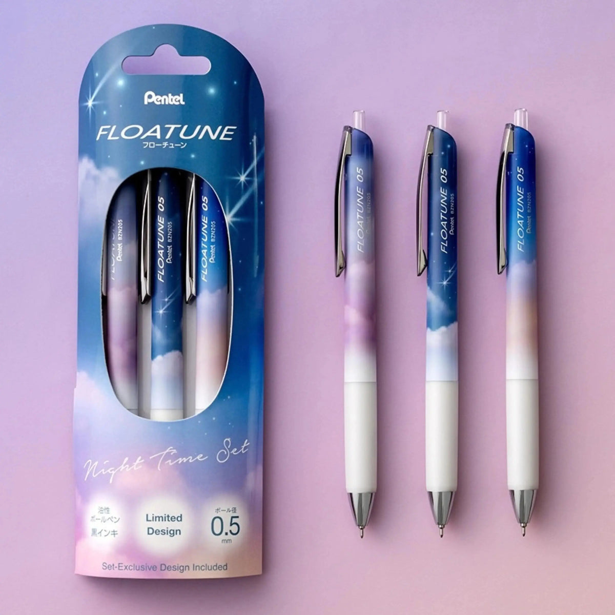 Floatune RT Rollerball, (0.5mm) Fine Line, Limited Edition Night Time Set, Assorted Barrels, Black Ink, 3-Pk - Pentel of America, Ltd.