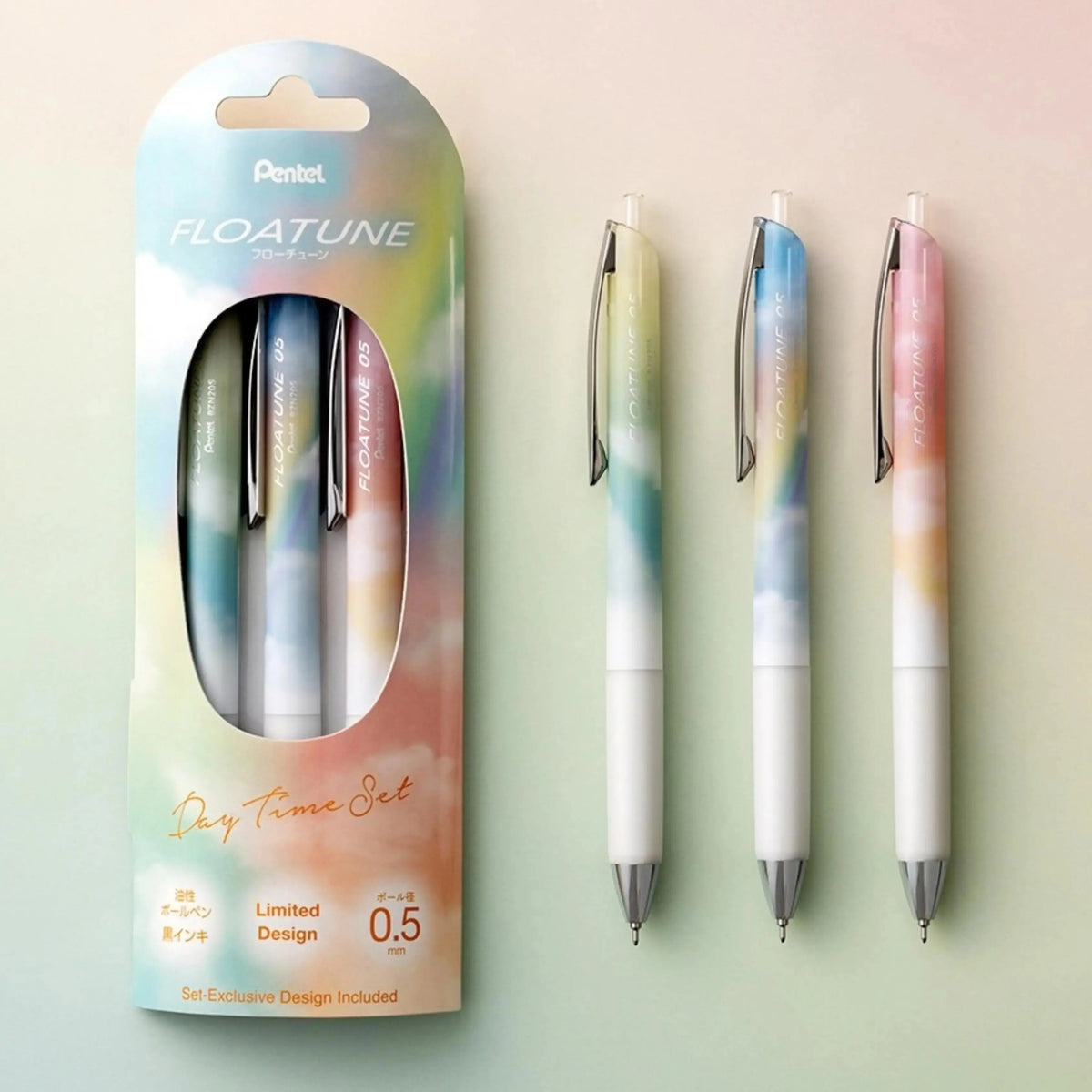 Floatune RT Rollerball, Limited Edition Day Time Set, (0.5mm) Fine Line, Assorted Barrels, Black Ink, 3-PK - Pentel of America, Ltd.