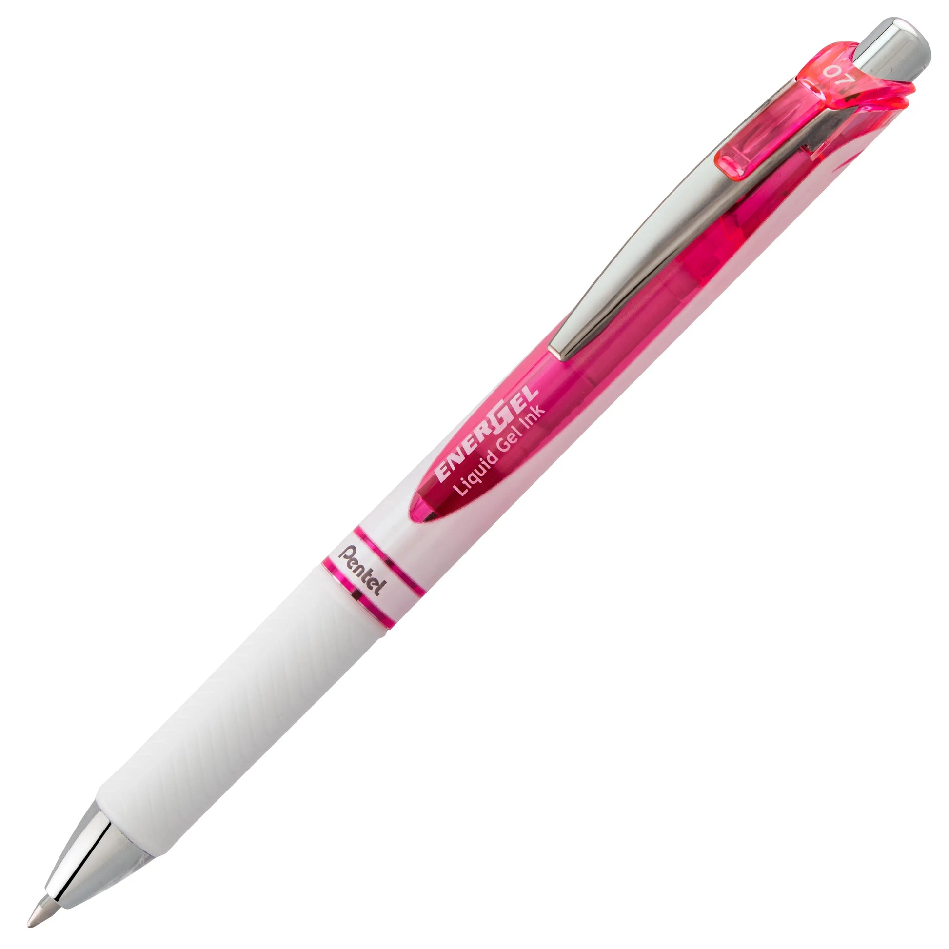 Retractable gel pen with a 0.7mm metal tip, pink ink, and pink accent on a white barrel, designed for smooth, consistent writing and premium performance.