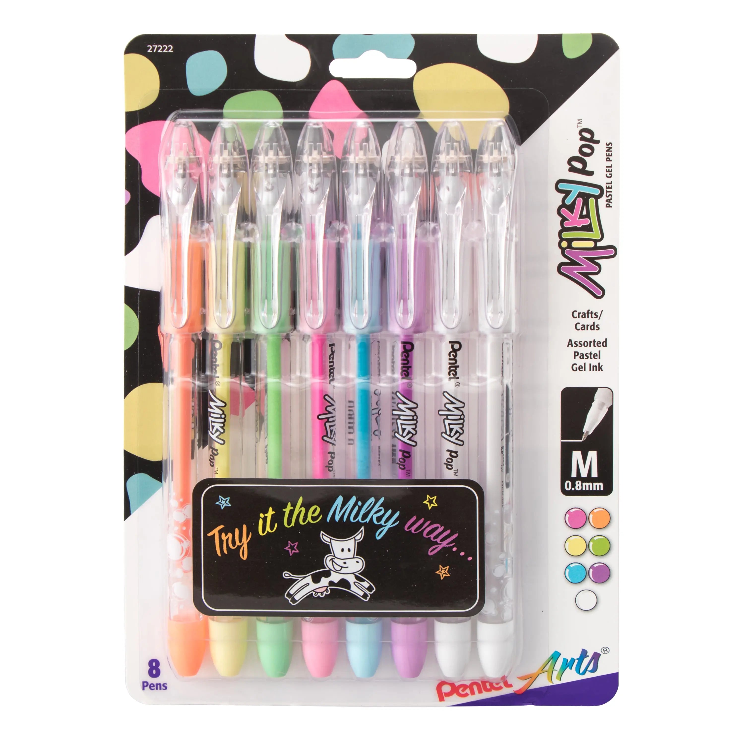 Set of eight assorted pastel gel pens with medium 0.8mm tips, designed for crafts and card making, featuring smooth ink flow and vibrant pastel colors.