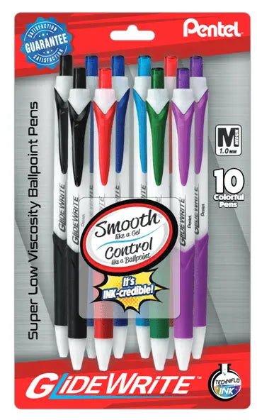 GlideWrite Ballpoint Pen with TechniFlo Ink, (1.0mm) Medium Line, 10 - Pk Assorted ink - Pentel of America, Ltd.