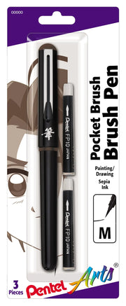 Black pocket brush pen with two brown ink refills in clear packaging, designed for painting and drawing with medium sepia pigment ink, featuring Japanese brush-style calligraphy.