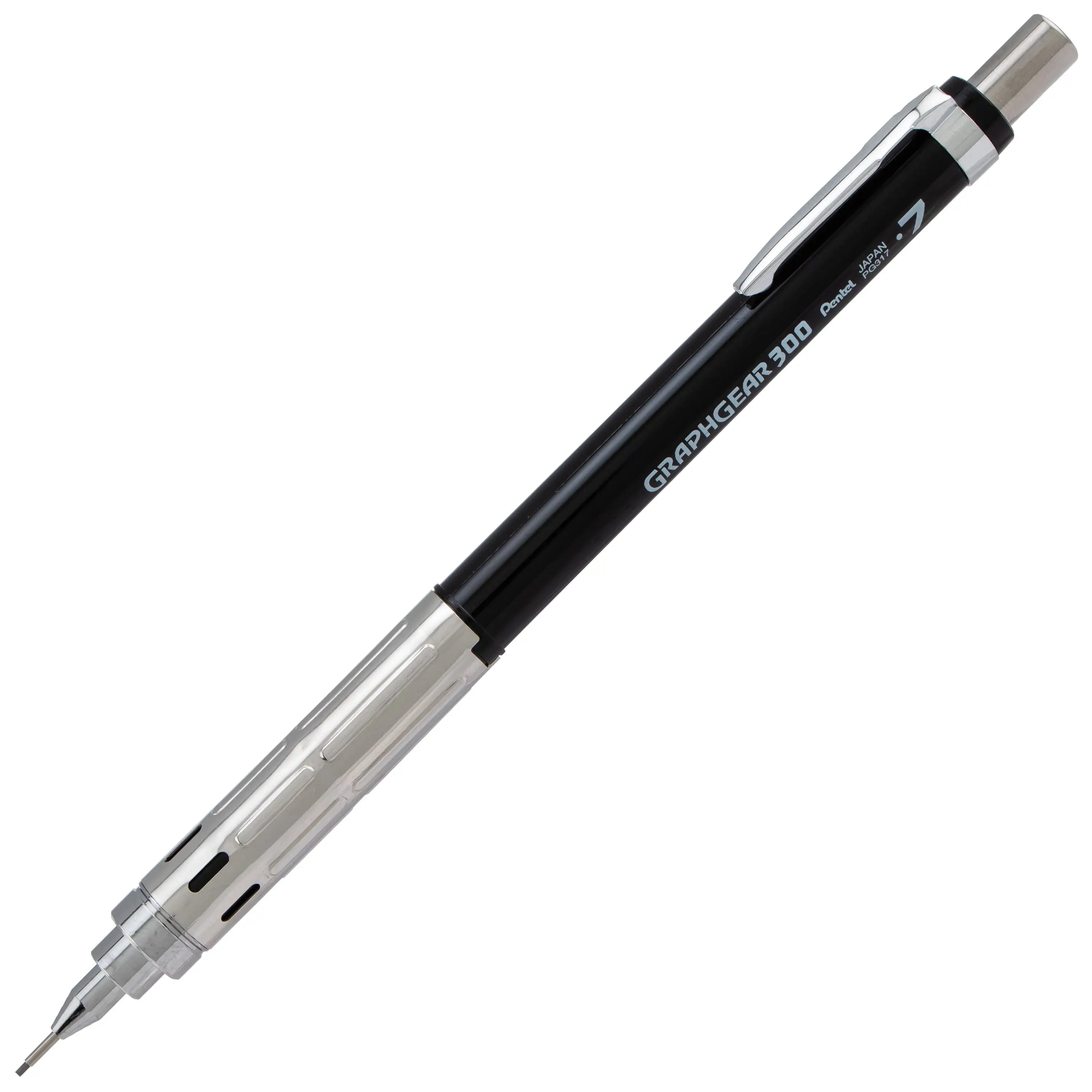 Black and silver mechanical pencil designed for precision writing with a medium 0.7mm lead, combining comfort and accuracy for professional and artistic use.
