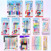 Collection of colorful Hello Kitty-themed Pentel art supplies including ballpoint pens, gel pens, mechanical pencils, markers, correction pens, erasers, and ink refills, designed for creative use.