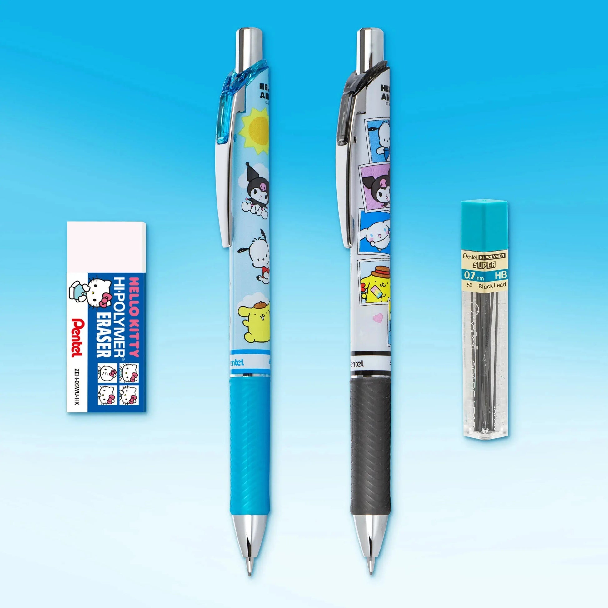 Set of two colorful mechanical pencils featuring cute character designs, a white Hello Kitty polymer eraser, and a small container of pencil lead refills against a blue background.