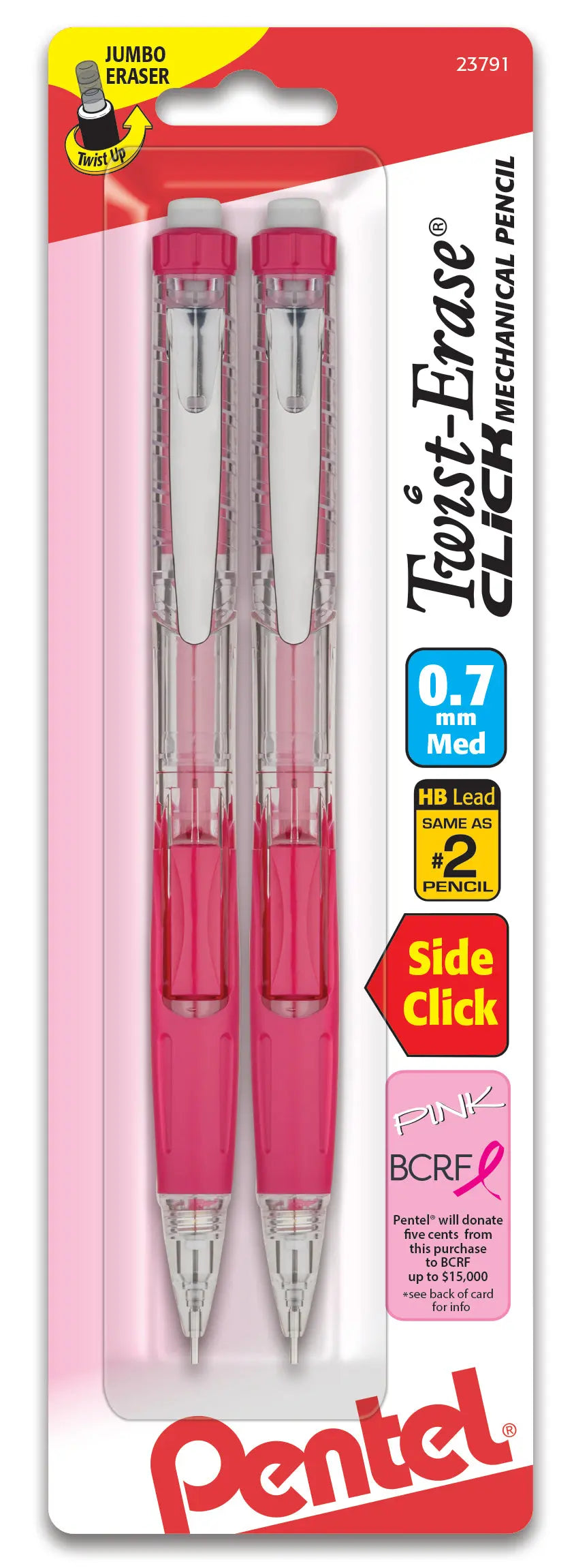 Two clear barrel mechanical pencils with pink grips and twist-up jumbo erasers, packaged in a blister pack promoting breast cancer research support.