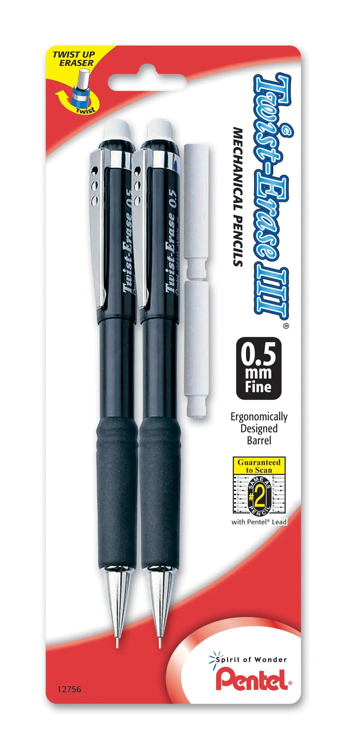 Two black mechanical pencils with twist-up erasers and ergonomic grips, packaged with two extra eraser refills, highlighting fine 0.5mm lead for precise writing.