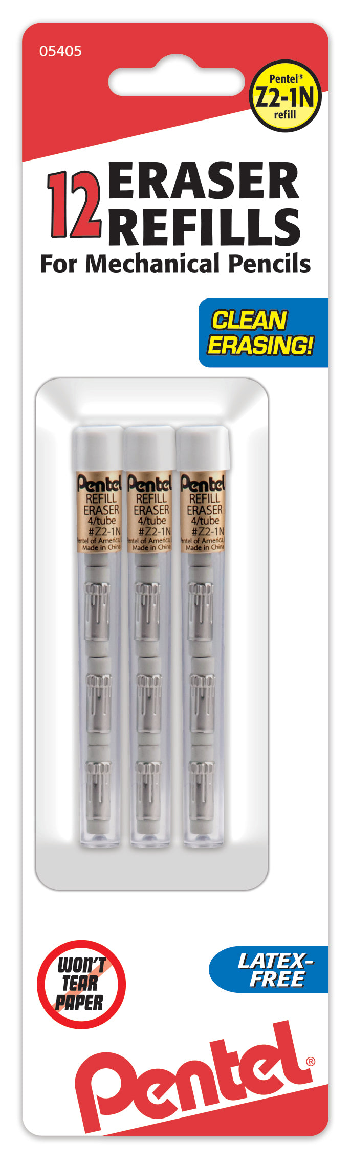 Pentel Z2-1N Refill Eraser for EnerGize/EnerGize-X/GraphGear/Graphlet/ Orenz/Sharplet-2/Sharp/Wow! Mechanical Pencils,  4 pcs/Tube 3-Pk