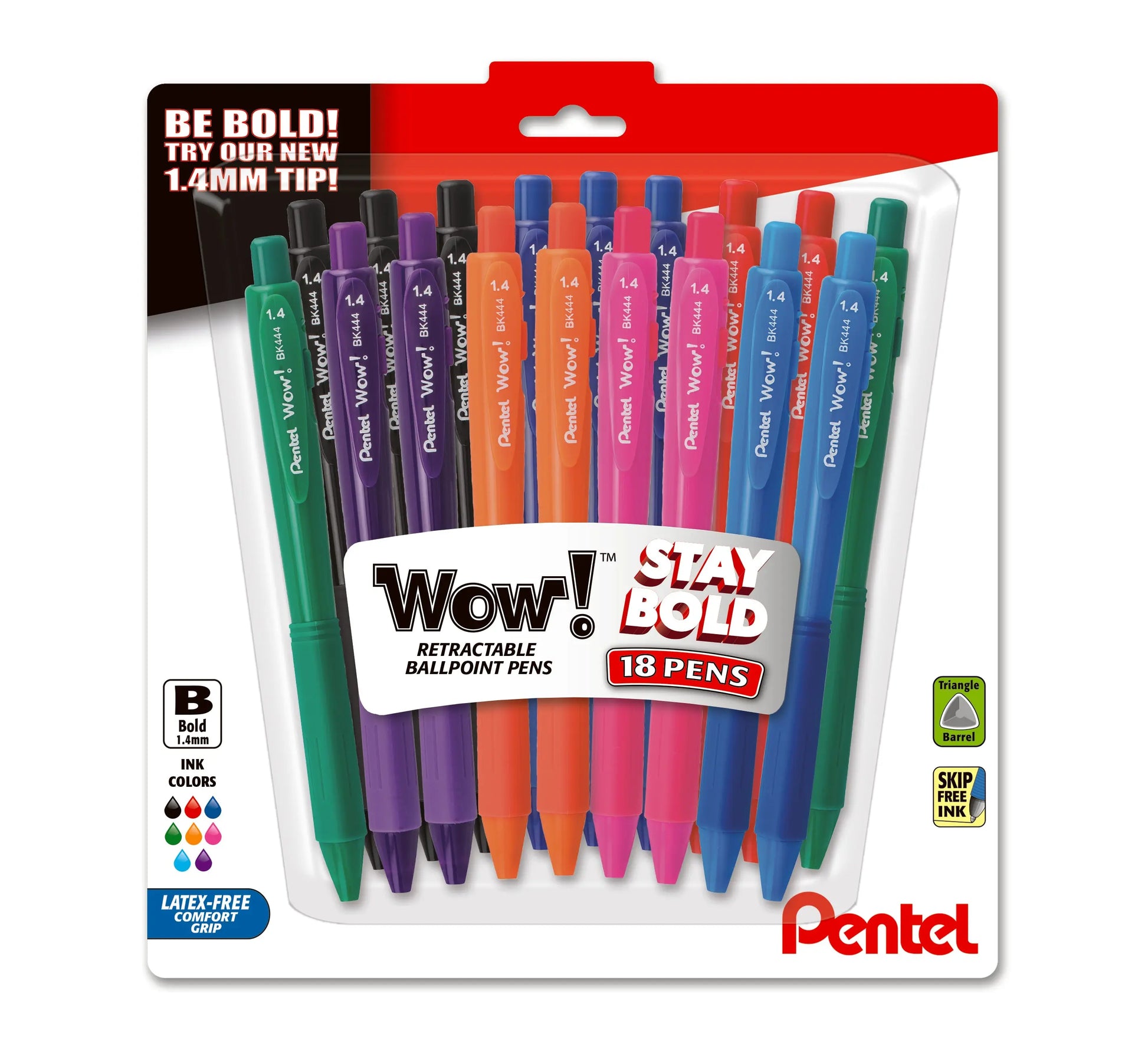 Pentel Wow! Retractable Ballpoint Pen, (1.4mm) Bold Line, Assorted Ink, 18-Pk  Pentel of America, Ltd.