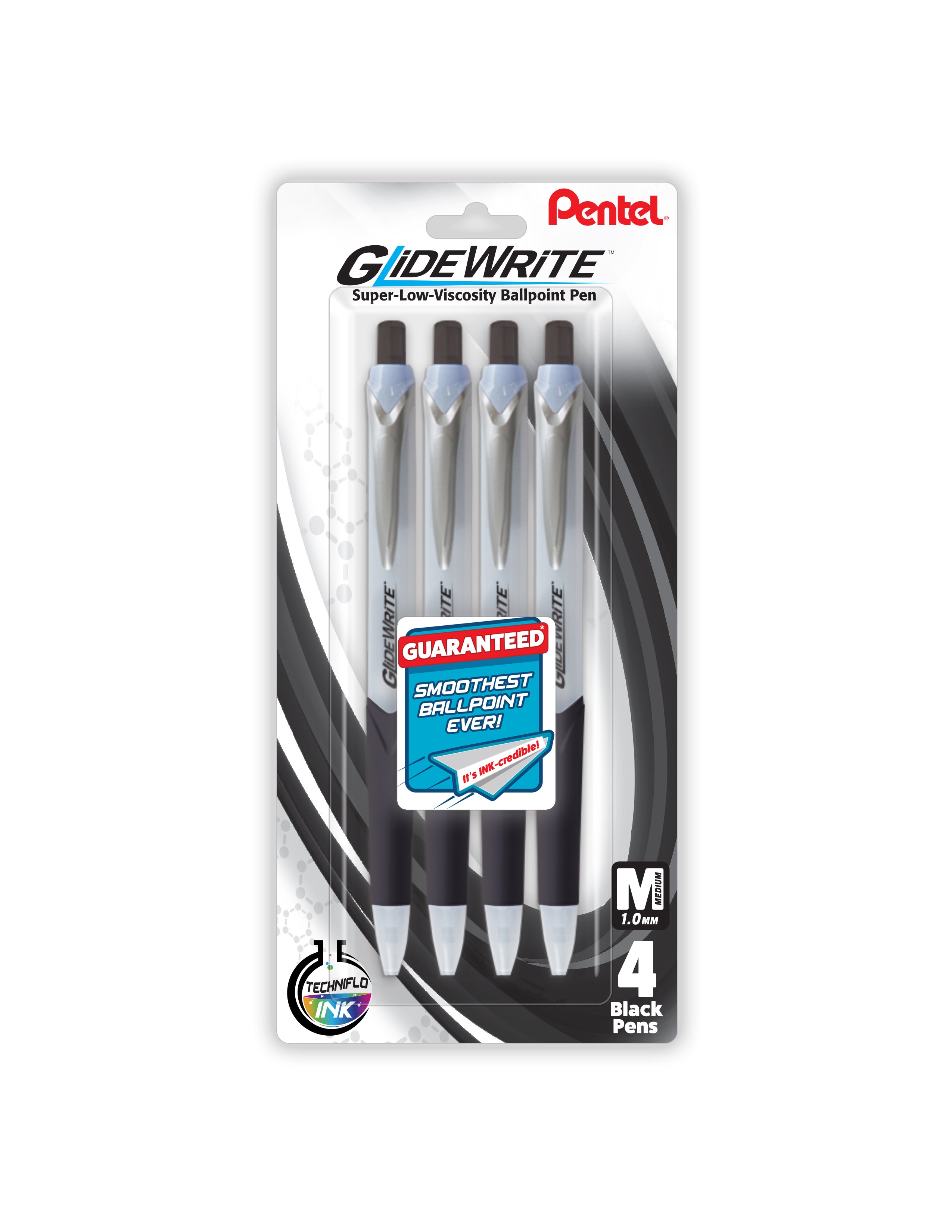 Pentel GlideWrite Ballpoint Pen with TechniFlo Ink, (1.0mm) Medium Line, Black Ink, 4-Pk