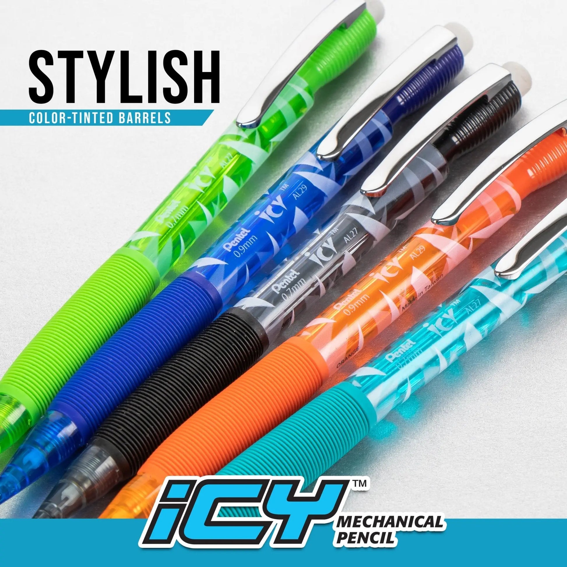 Five colorful mechanical pencils with textured grips and clear barrels, showcasing lead and eraser refills for smooth writing and artistic precision.