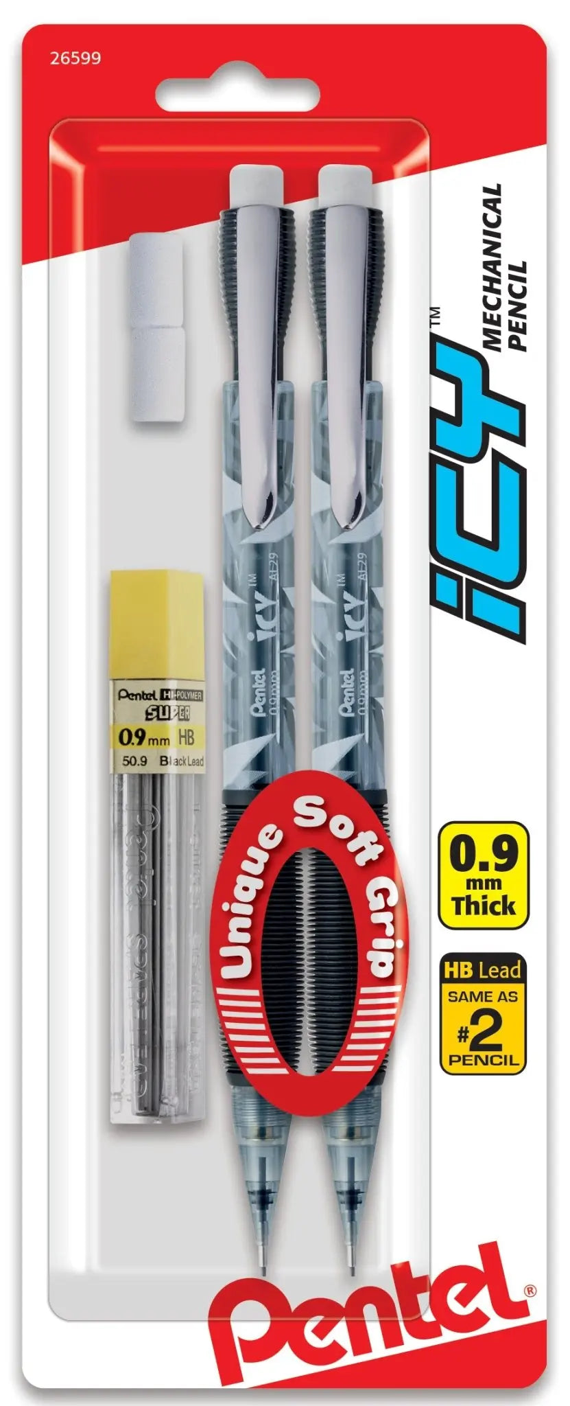 ICY Mechanical Pencil, 0.9mm, Assorted Barrels with Lead and 2 Eraser Refills 2 - Pk - Pentel of America, Ltd.