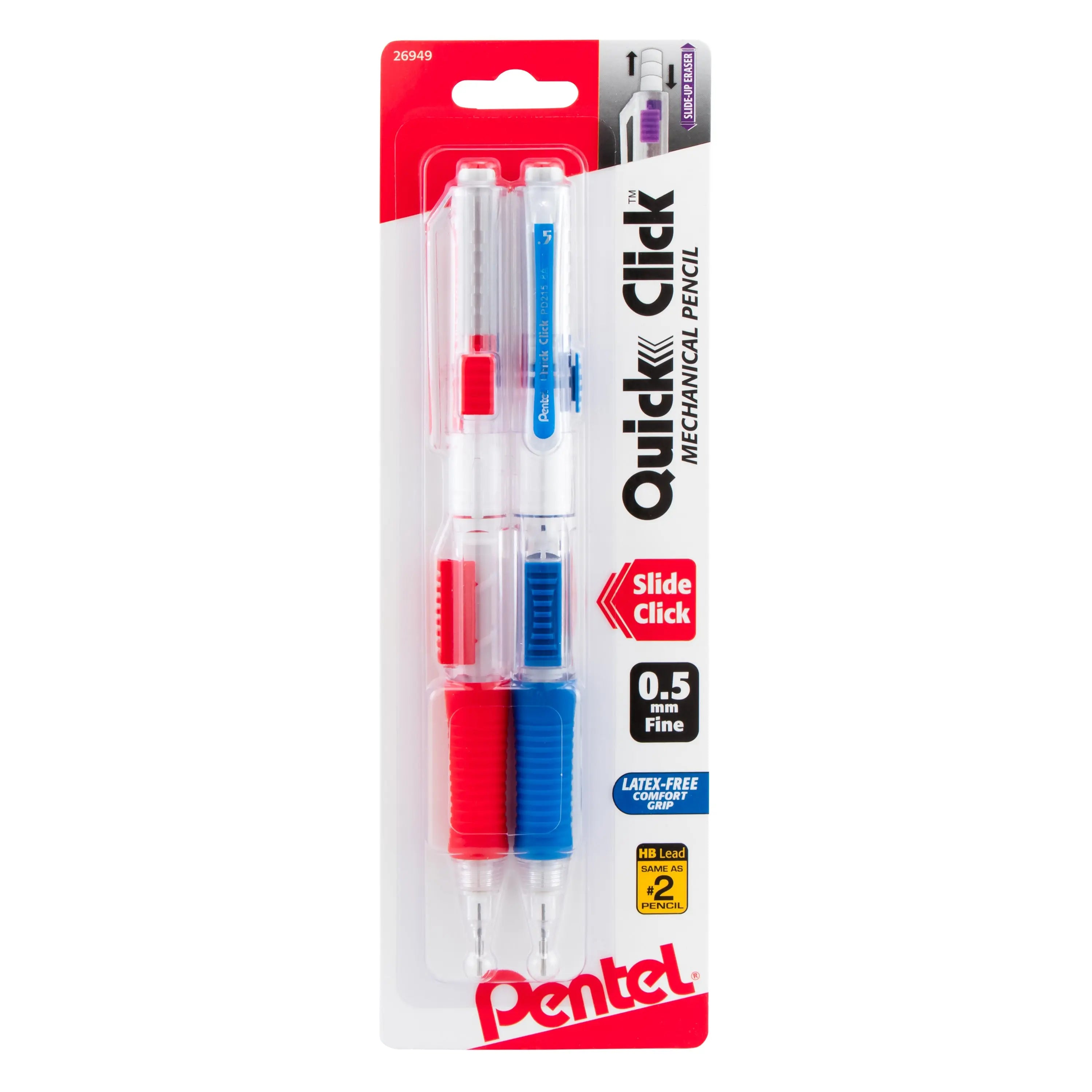 Two mechanical pencils with red and blue grips in clear plastic packaging labeled for 0.5mm lead, featuring a slide-click mechanism and premium writing tool design.