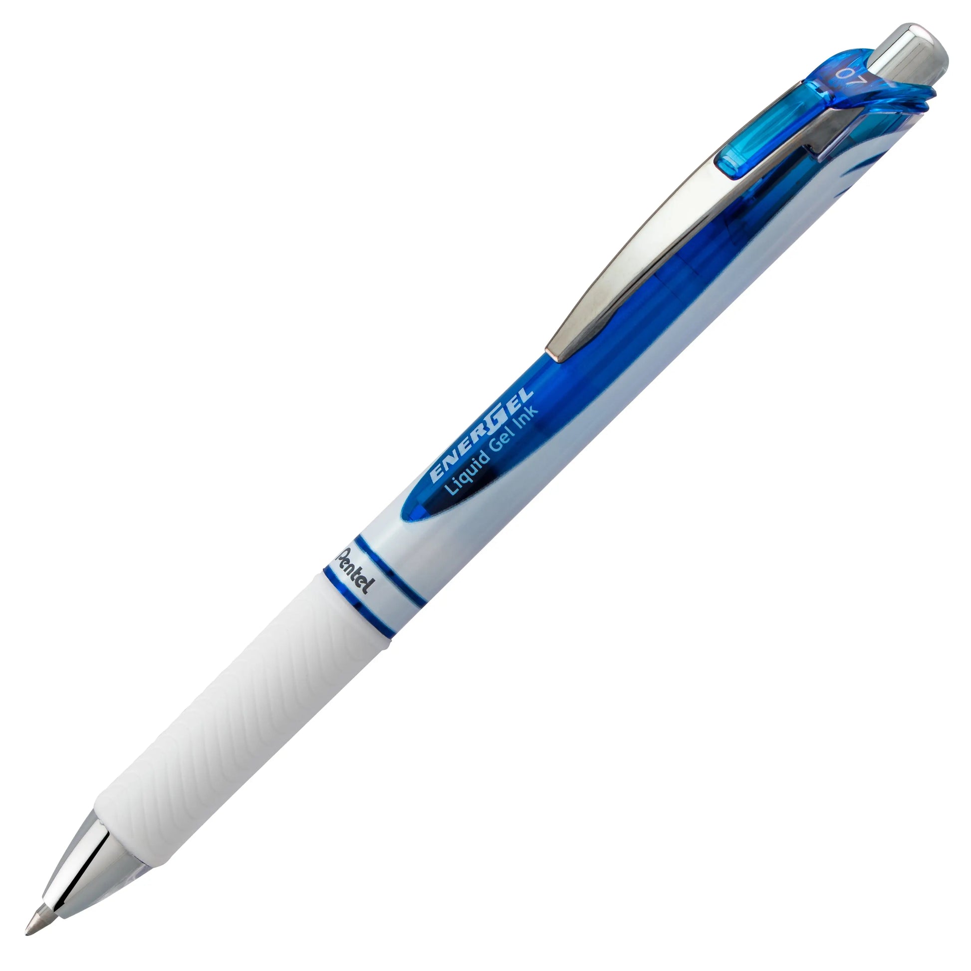 Retractable gel pen with smooth metal tip and blue accent, designed for consistent medium line writing, part of premium writing tools with limited lifetime warranty.