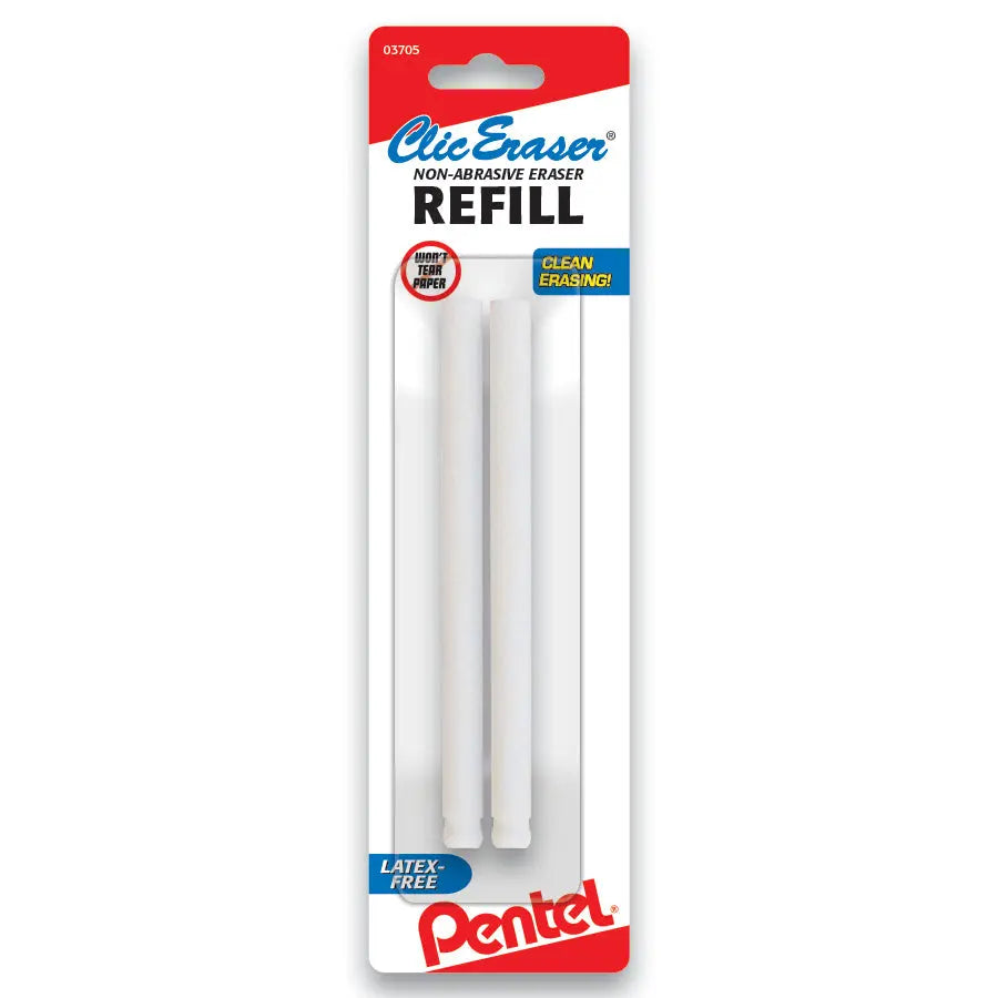 Two white non-abrasive refill erasers for Clic Eraser packaged in a slim, rectangular card with red and white branding, designed for clean erasing without smudges.