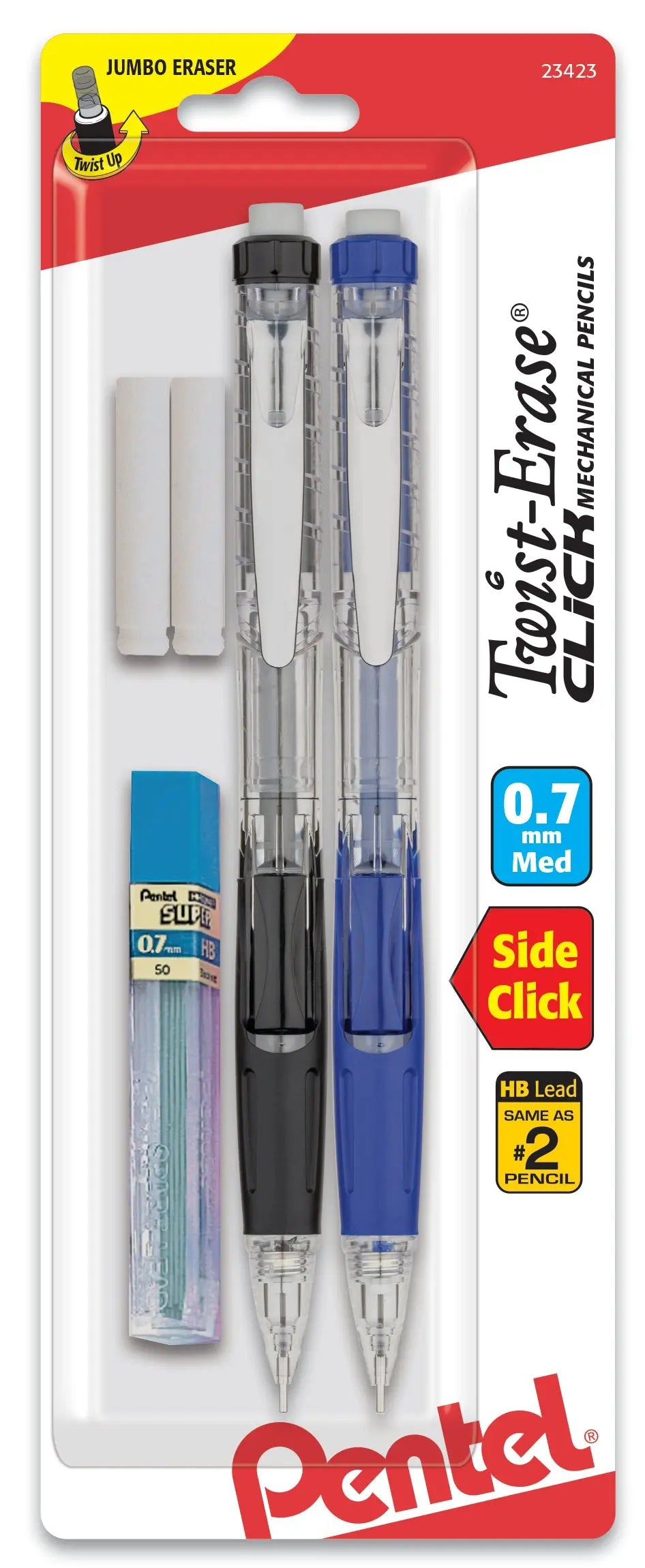 Two clear barrel mechanical pencils with black and blue grips, accompanied by lead refills and two jumbo twist-up erasers, designed for smooth writing and precise erasing.