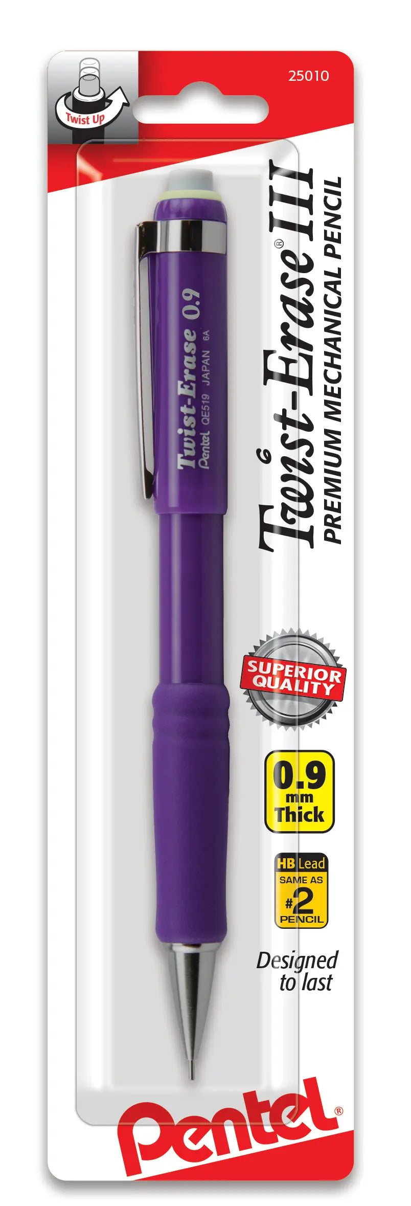Purple mechanical pencil with a comfortable grip and a large eraser, featuring 0.9mm thick lead, designed for durability and superior quality in art and writing supplies.