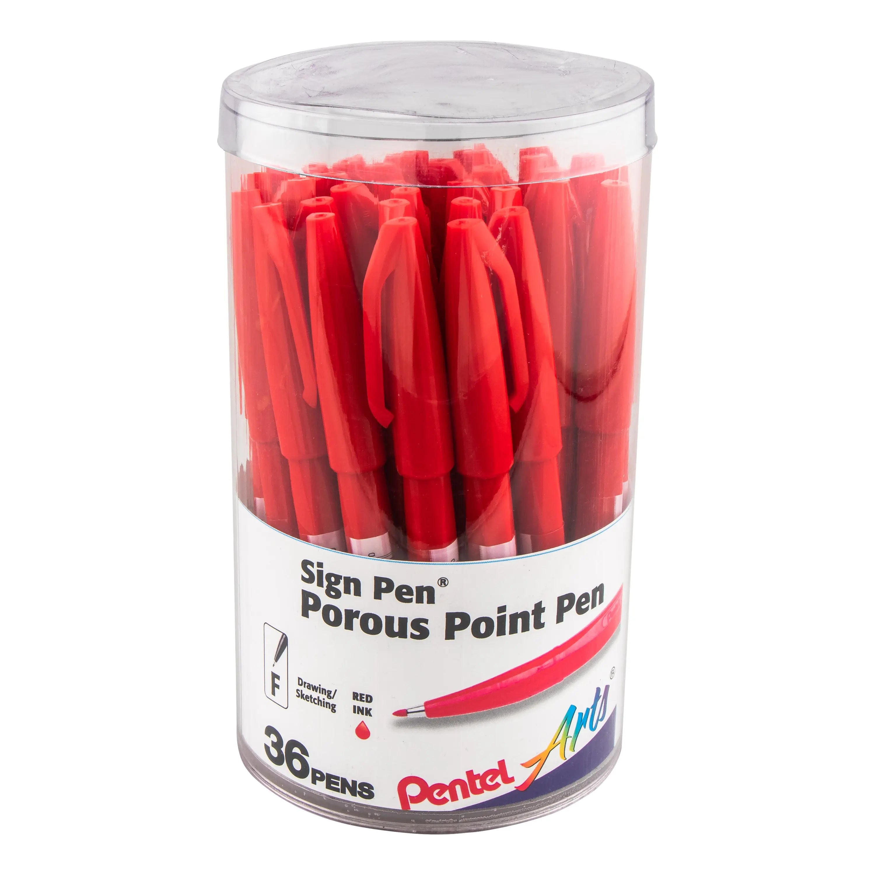 Clear plastic canister filled with 36 red fiber-tipped pens designed for drawing and sketching, showcasing premium art supplies ideal for creative projects.