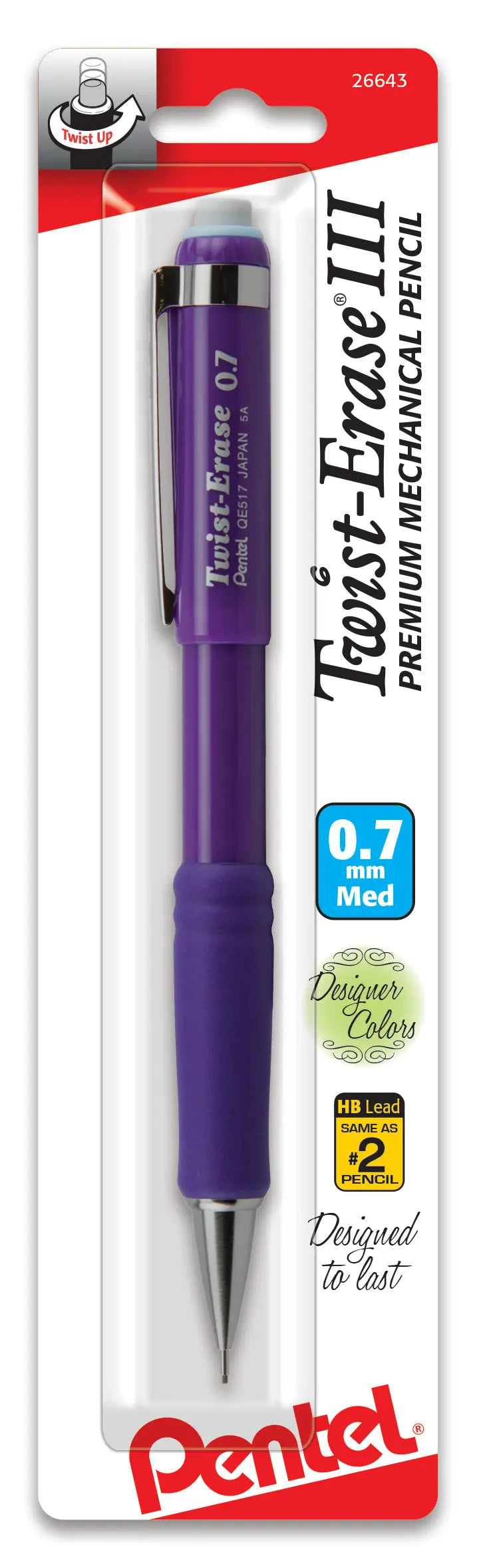 Purple mechanical pencil with a comfortable grip and metal clip, featuring a 0.7 mm HB lead and a large twist-up eraser for precise writing and drawing.