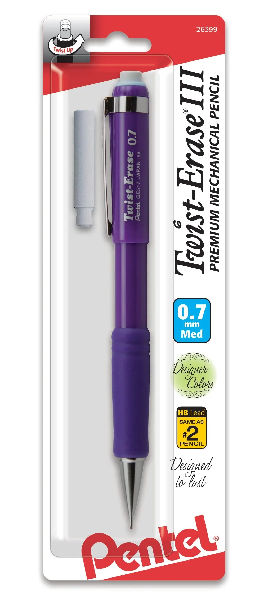 Purple Pentel Twist-Erase III mechanical pencil with 0.7mm lead and extra eraser refill, packaged as a premium, durable writing tool in designer colors.