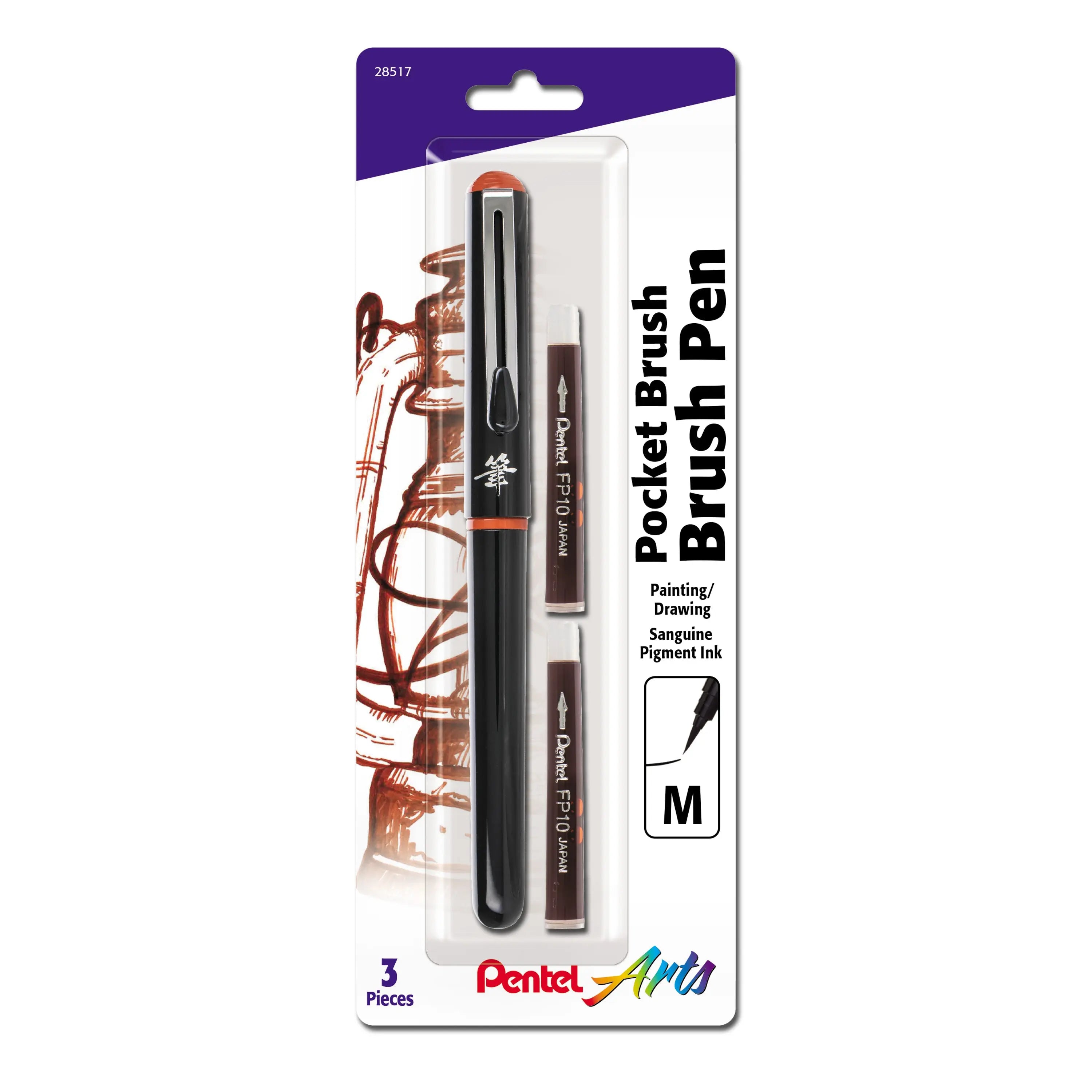 Pentel pocket brush pen with flexible tip and two sable ink refill cartridges in sanguine pigment ink, designed for expressive drawing and painting.