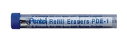 Clear plastic tube containing five white refill erasers for specific series pencils, featuring a blue screw-on cap and printed product information on the label.