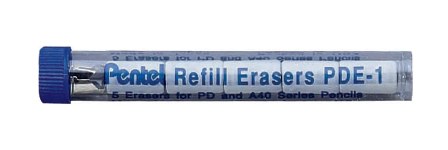 Clear plastic tube containing five white refill erasers for specific series pencils, featuring a blue screw-on cap and printed product information on the label.