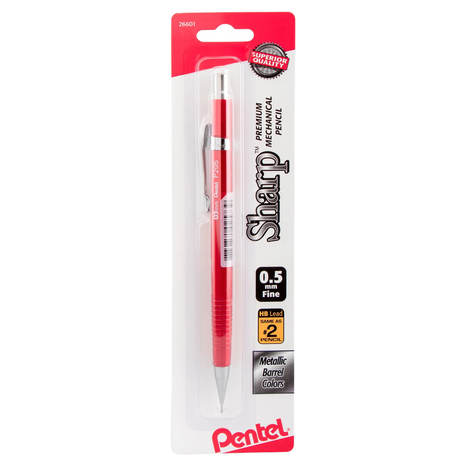 Red mechanical pencil with metallic barrel in clear retail packaging, featuring 0.5mm lead for precise writing and drawing with a premium feel.