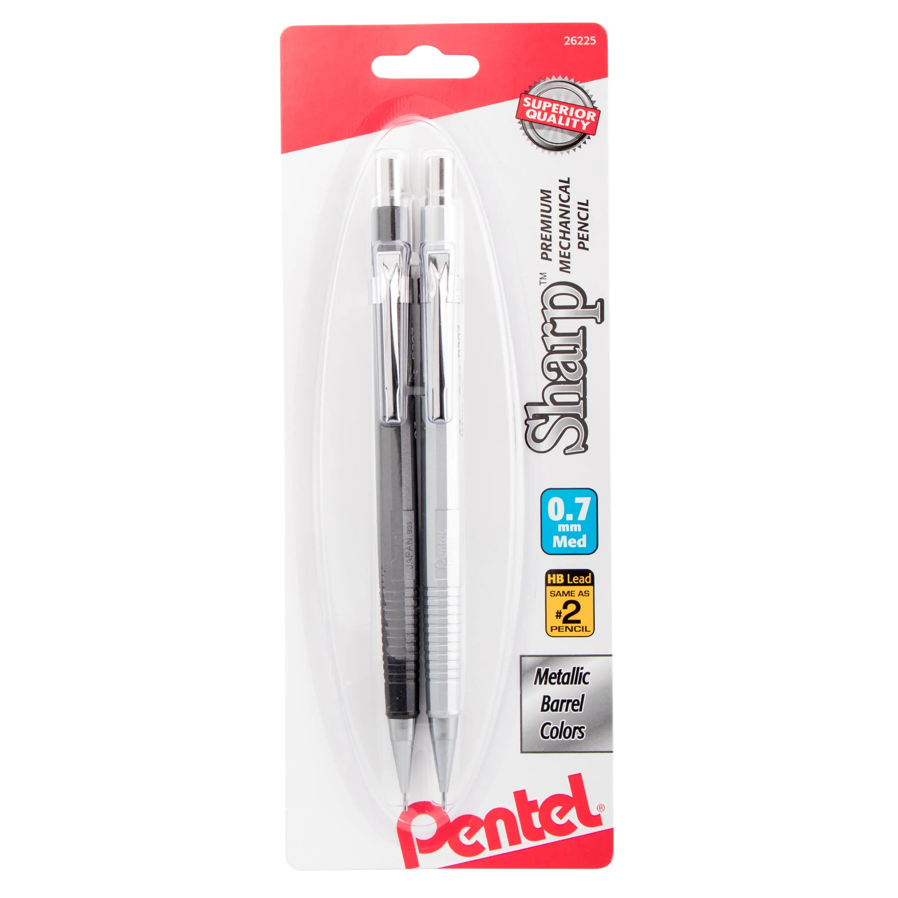 Two mechanical pencils with metallic barrels in black and silver, featuring 0.7mm medium HB lead, displayed in retail packaging highlighting superior quality and premium design.