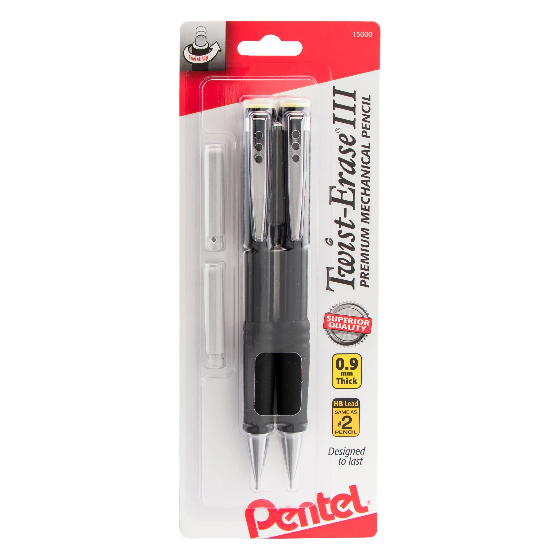 Package containing two Pentel Twist-Erase III mechanical pencils with 0.9mm lead, featuring a large twist-up eraser and two eraser refills for durable, premium writing tools.
