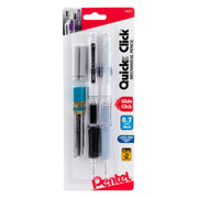 Packaging of two Pentel mechanical pencils with 0.7mm lead, including lead and eraser refills, designed for precision and comfort with a slide click mechanism.