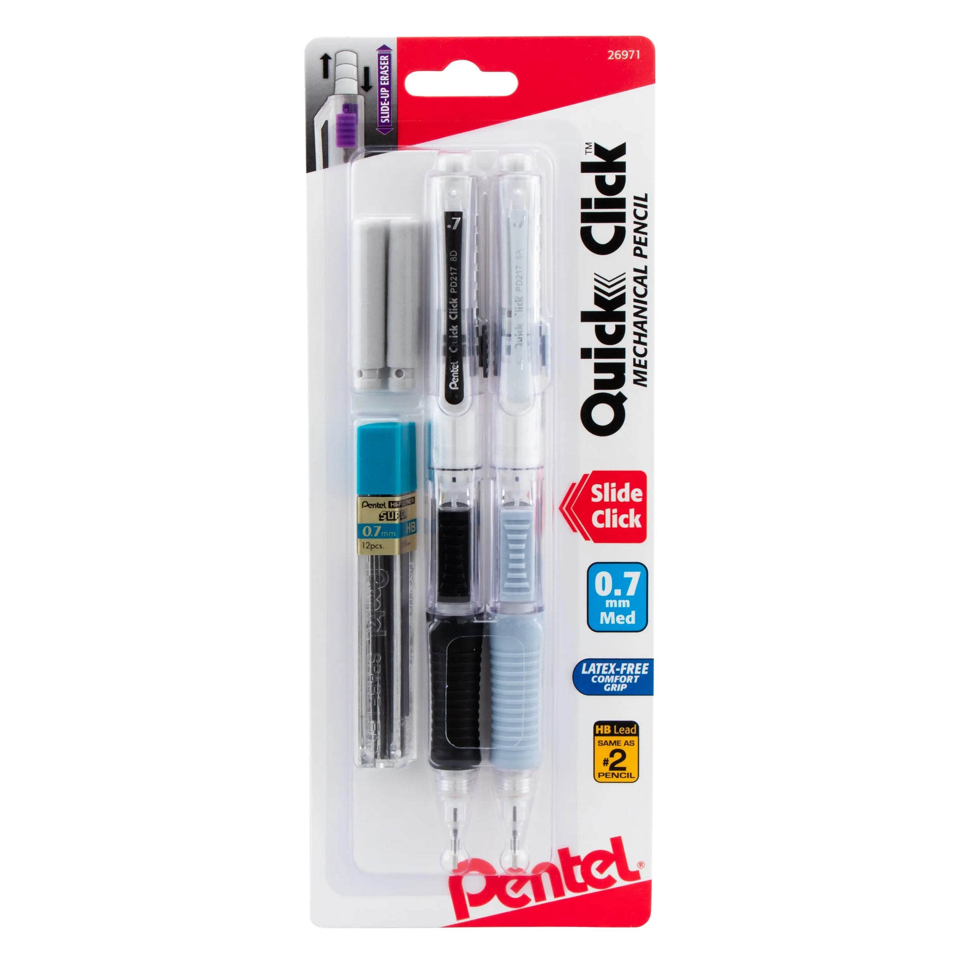 Packaging of two Pentel mechanical pencils with 0.7mm lead, including lead and eraser refills, designed for precision and comfort with a slide click mechanism.