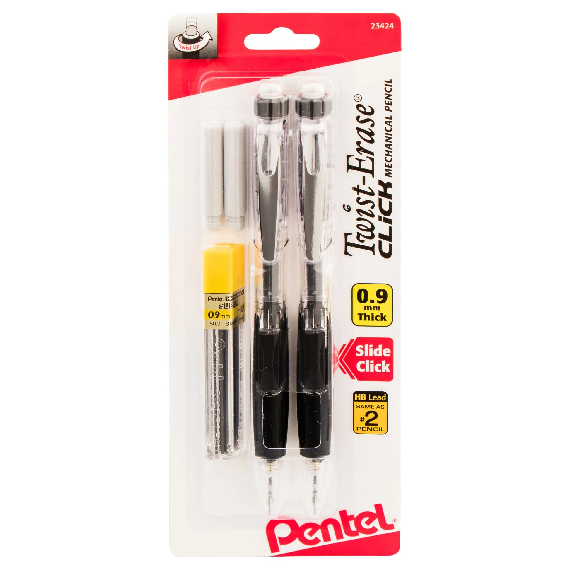 Pack of two clear barrel mechanical pencils with 0.9mm lead, twist-up erasers, extra lead refills, and replacement erasers for precise writing and correction.