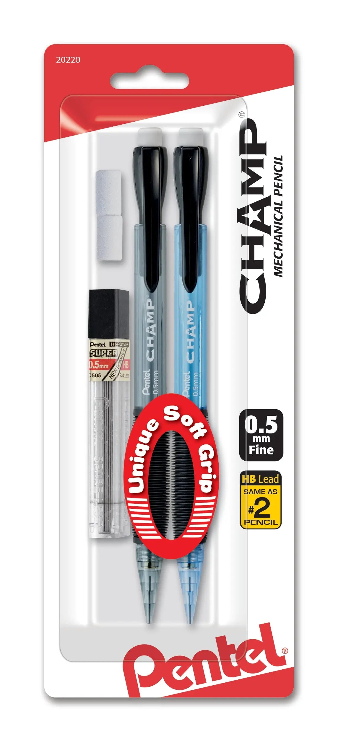 Two Pentel mechanical pencils with 0.5mm fine lead and soft grip, packaged with extra lead and eraser refills for precise, comfortable writing and drawing.