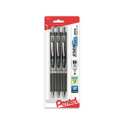Three black retractable gel pens with metal tips in clear plastic packaging, showcasing bold smooth writing with quick-dry ink for premium writing tools.