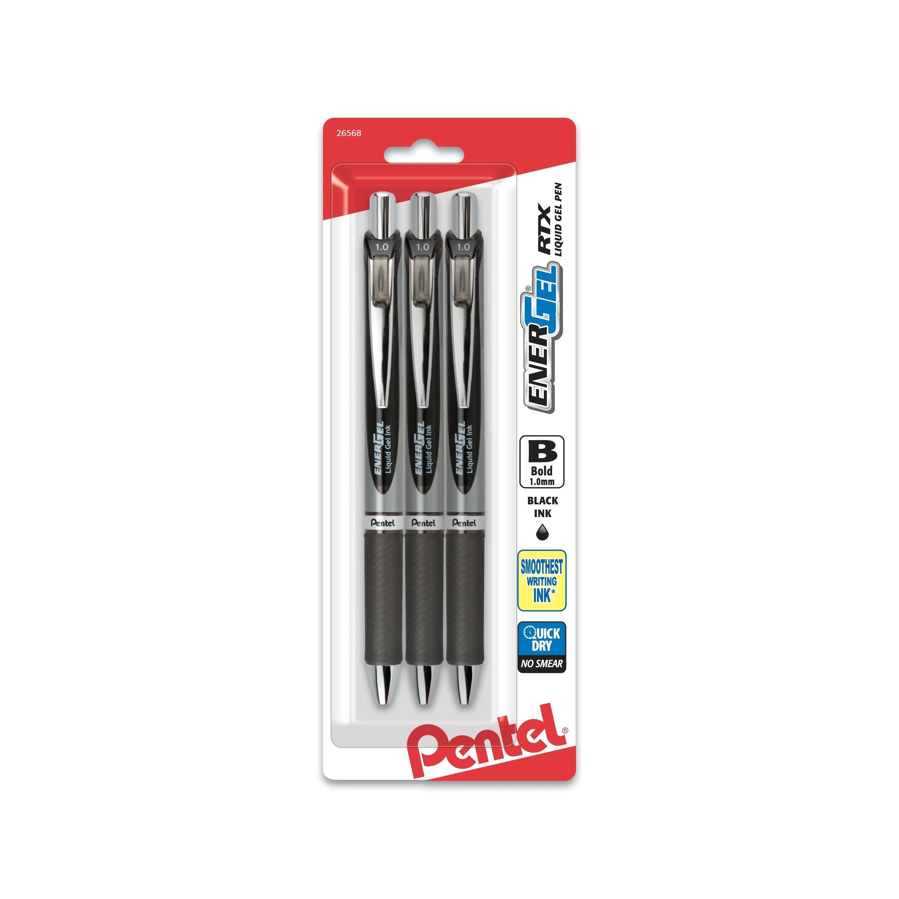 Three black retractable gel pens with metal tips in clear plastic packaging, showcasing bold smooth writing with quick-dry ink for premium writing tools.
