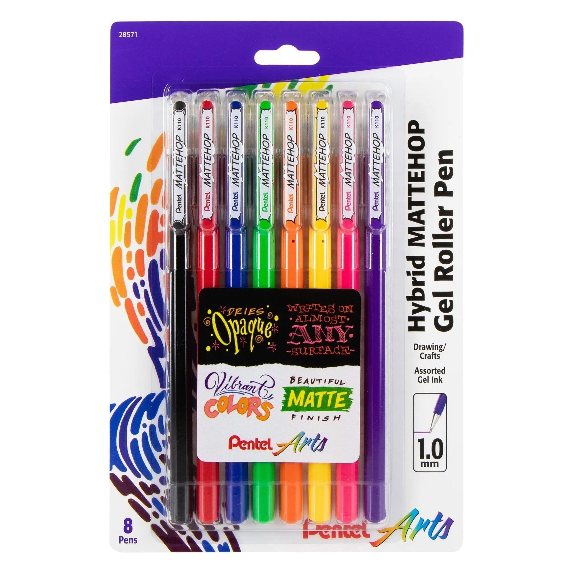 Set of eight Pentel gel roller pens in assorted matte colors with 1.0mm tips, featuring vibrant, smooth ink designed for drawing and crafts.