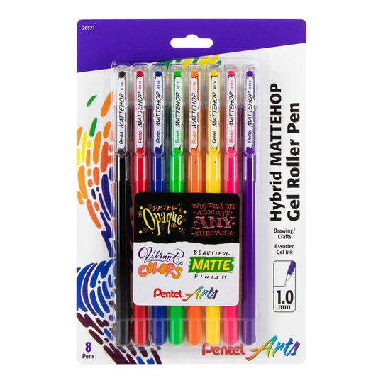 Pentel Arts Hybrid MATTEHOP Gel Roller, 1.0mm, Matte Assorted Colors, Pack of 8 Pens - Pentel of America, Ltd.