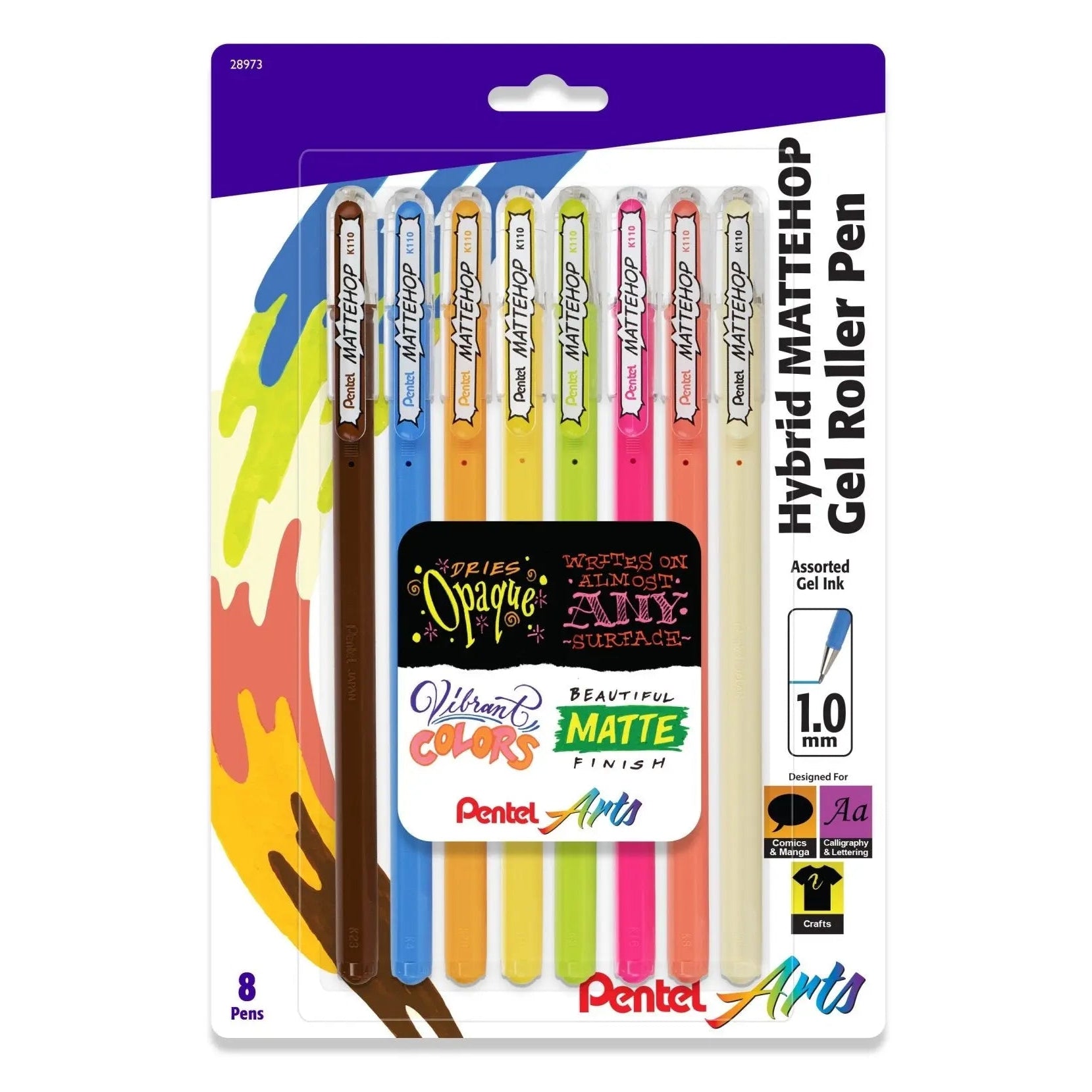 Set of eight colorful gel roller pens with assorted matte and opaque finishes, 1.0mm tip, showcasing vibrant shades ideal for creative art projects and writing.