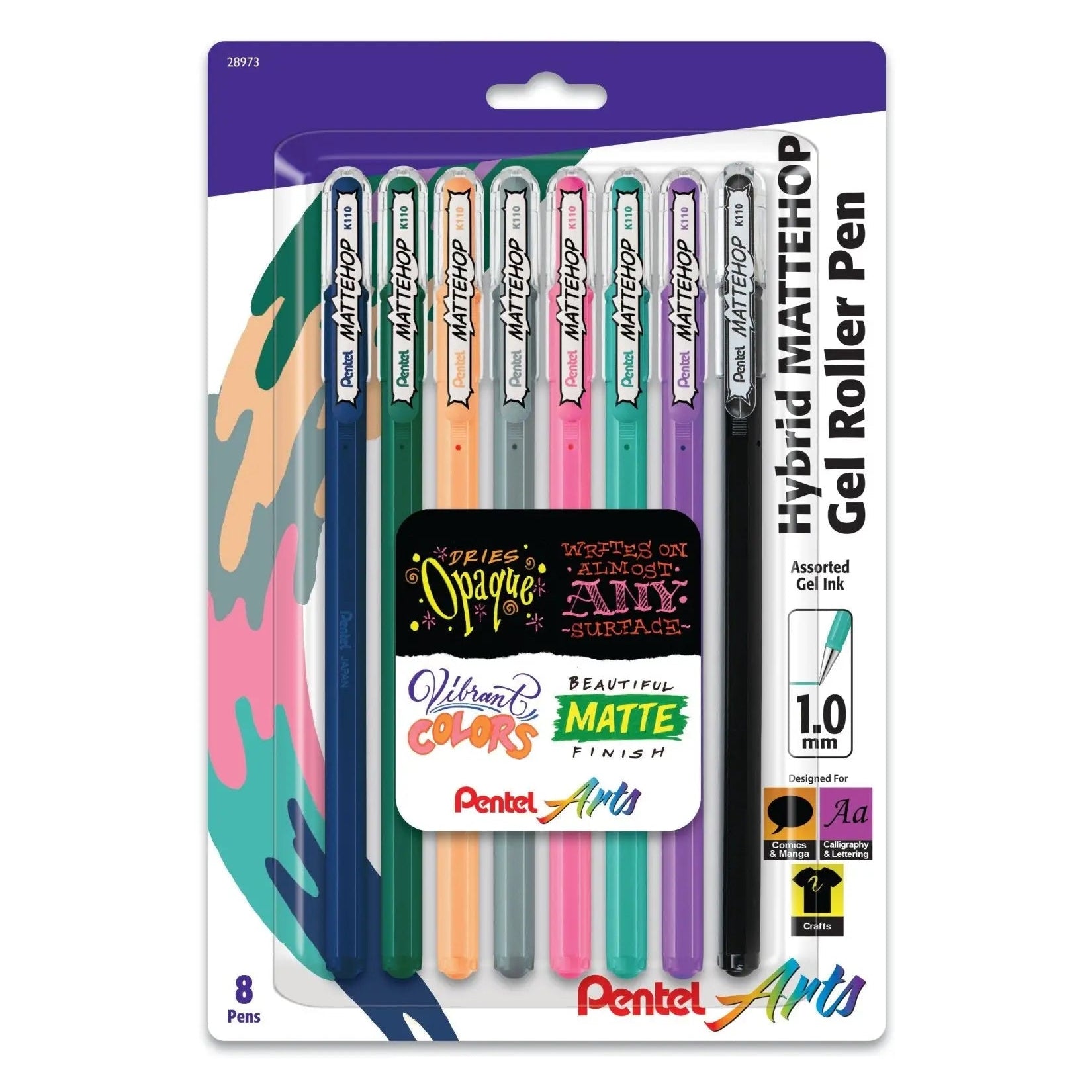 Package of eight gel roller pens in assorted colors with fine 1.0mm tip, featuring matte finish ink and premium design for smooth, vibrant writing and drawing.