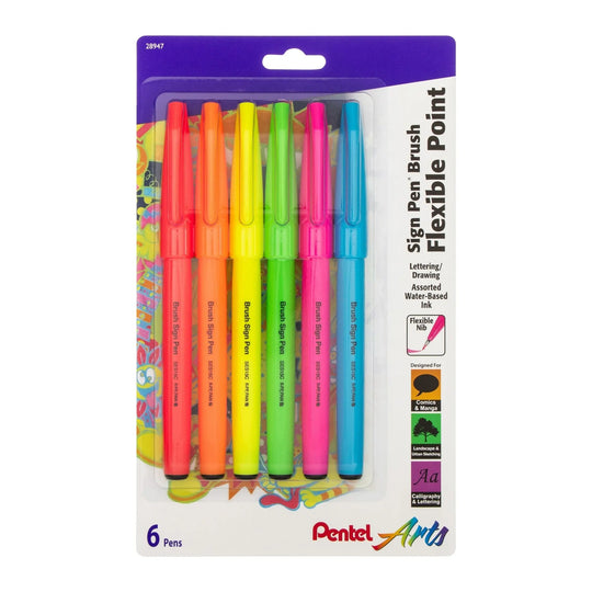 Pentel Arts Sign Pen Brush Tip, Assorted Fluorescent Colors, 6 - Pk - Pentel of America, Ltd.