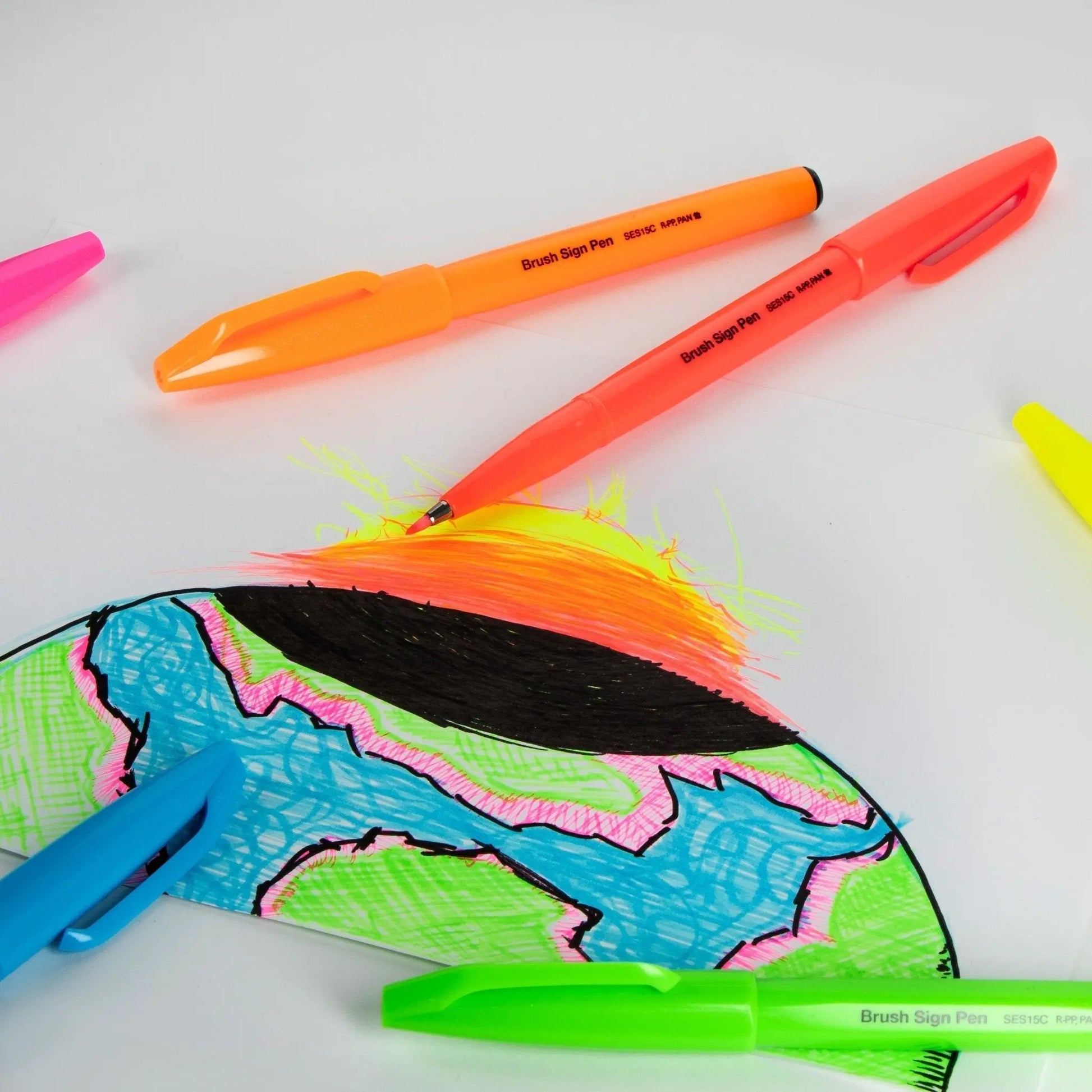Pentel Arts Sign Pen Brush Tip, Assorted Fluorescent Colors, 6 - Pk - Pentel of America, Ltd.