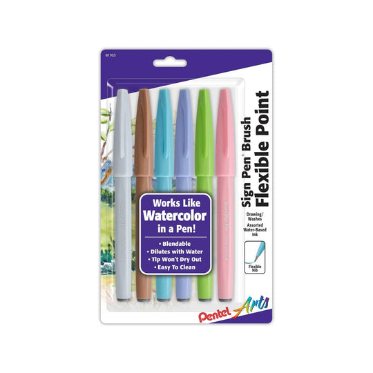Pentel Arts Sign Pen Brush Tip, Assorted Pastel Colors, 6 - Pk - Pentel of America, Ltd.