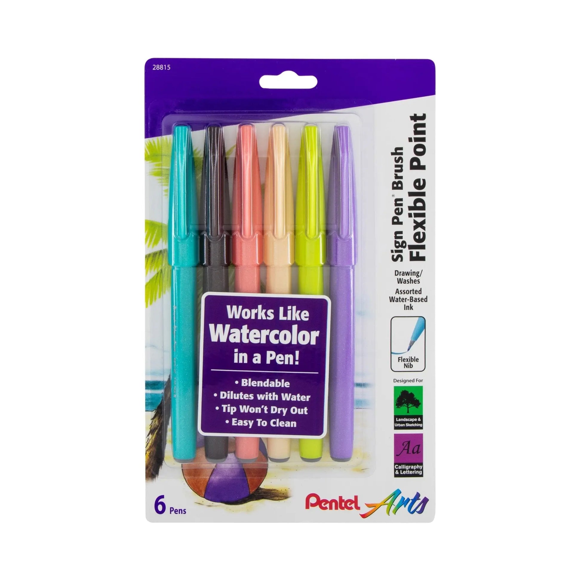 Pentel Arts Sign Pen Brush Tip, Assorted Vacation Colors, 6 - Pk - Pentel of America, Ltd.