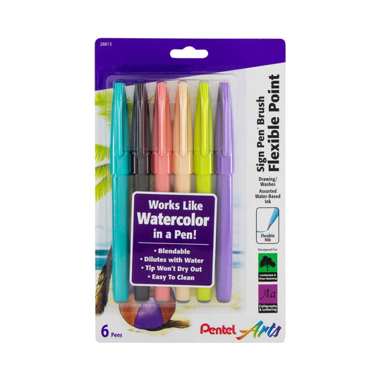 Pentel Arts Sign Pen Brush Tip, Assorted Vacation Colors, 6 - Pk - Pentel of America, Ltd.