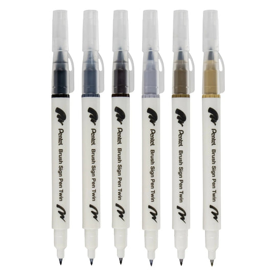 Pentel Arts Sign Pen Twin Brush, 6 - Pack, Plastic Box (Black Hues) - Pentel of America, Ltd.