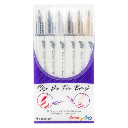 Pentel Arts Sign Pen Twin Brush, 6 - Pack, Plastic Box (Black Hues) - Pentel of America, Ltd.